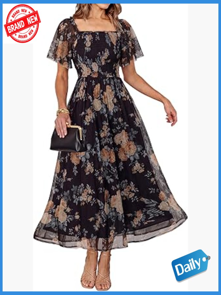 Women's Floral Maxi Dress Square Neck Smocked Short Sleeve Boho Wedding Guest